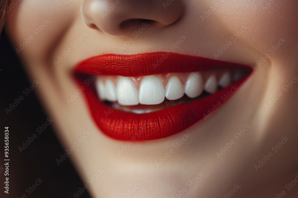 Human smiling mouth and nose. Closeup macro portrait of female part of face. Woman red lips with day beauty makeup. generative ai Human smiling mouth and nose. Closeup macro portrait of female part of face. Woman red lips with day beauty makeup. generative ai