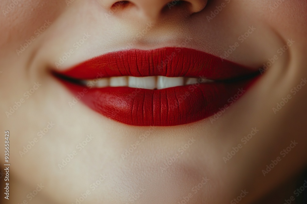 Human smiling mouth and nose. Closeup macro portrait of female part of face. Woman red lips with day beauty makeup. generative ai Human smiling mouth and nose. Closeup macro portrait of female part of face. Woman red lips with day beauty makeup. generative ai
