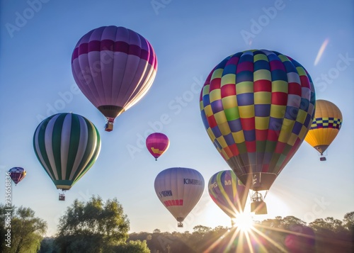 Vibrant hot air balloons in assorted colors and patterns soar skyward on a bright Australia Day morning, casting long shadows amidst a clear blue background. photo