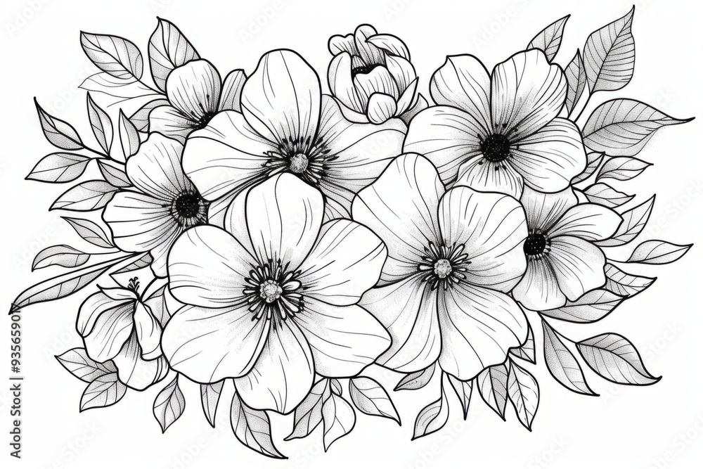Obraz premium Black and white floral bouquet with various flowers and leaves. Line art illustration isolated on white background. Botanical design for greeting card, invitation, poster, and print. Generative AI
