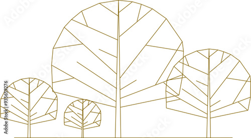 Vector sketch, silhouette illustration, detailed drawing design, collection of abstract unique simple trees in the forest with lots of leaves and twigs for greenery 