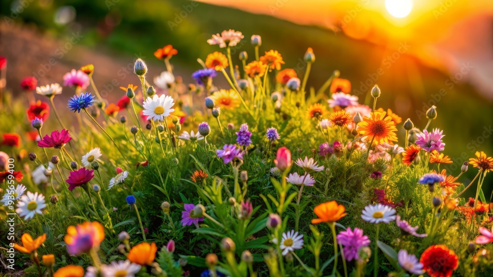 Vibrant colorful wildflowers bloom on a small rolling hill, softly glowing in gentle light, isolated on a transparent background for landscape design elements. Vibrant colorful wildflowers bloom on a small rolling hill, softly glowing in gentle light, isolated on a transparent background for landscape design elements.