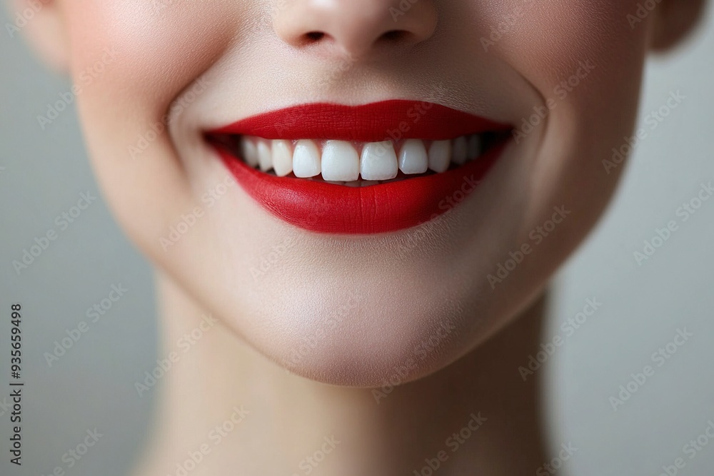 Fototapeta premium Human smiling mouth and nose. Closeup macro portrait of female part of face. Woman red lips with day beauty makeup. generative ai