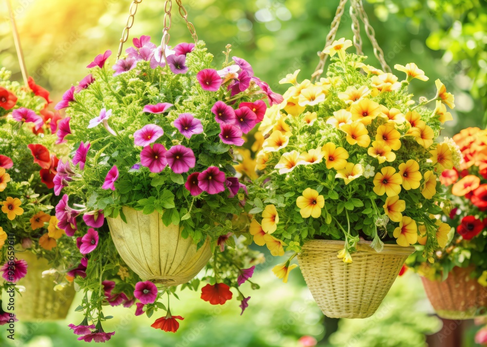 Vibrant hanging baskets overflowing with a kaleidoscope of blooming flowers in shades of pink, yellow, orange, and purple, suspended against a soft, sunny background. Vibrant hanging baskets overflowing with a kaleidoscope of blooming flowers in shades of pink, yellow, orange, and purple, suspended against a soft, sunny background.