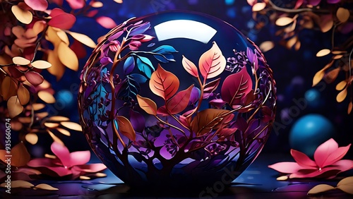 Purple and Dark blue sphere adorned with vibrant leaves and flowers, perfect for natureinspired designs, botanical accents, and artistic projects.