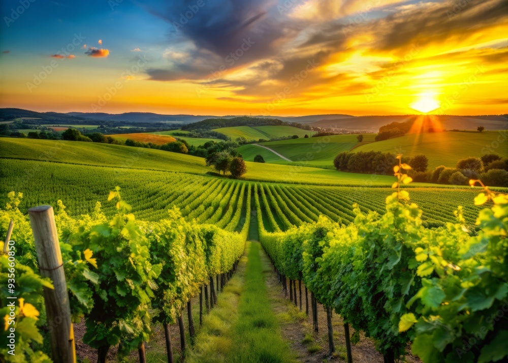 Fototapeta premium Golden hour illuminates a serene vineyard landscape, with lush green vines stretching towards the horizon, set against a warm orange and pink sunset sky.