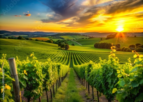 Wallpaper Mural Golden hour illuminates a serene vineyard landscape, with lush green vines stretching towards the horizon, set against a warm orange and pink sunset sky. Torontodigital.ca