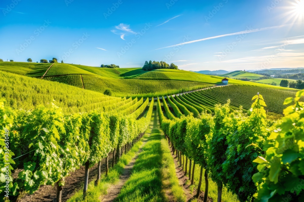 Naklejka premium Rolling hills of lush green vines stretch towards the horizon under a bright blue summer sky in a serene and picturesque Italian vineyard landscape.