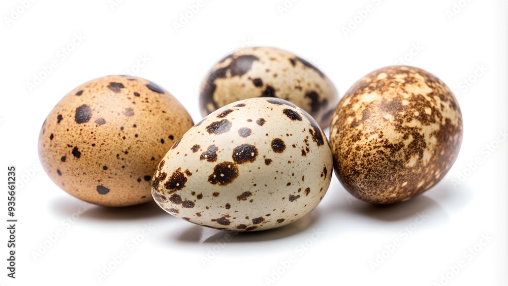 Quail Eggs Still Life. of four speckled quail eggs against a white background. eggs are small, with distinctive brown spots on their shells. Quail Eggs Still Life. of four speckled quail eggs against a white background. eggs are small, with distinctive brown spots on their shells.
