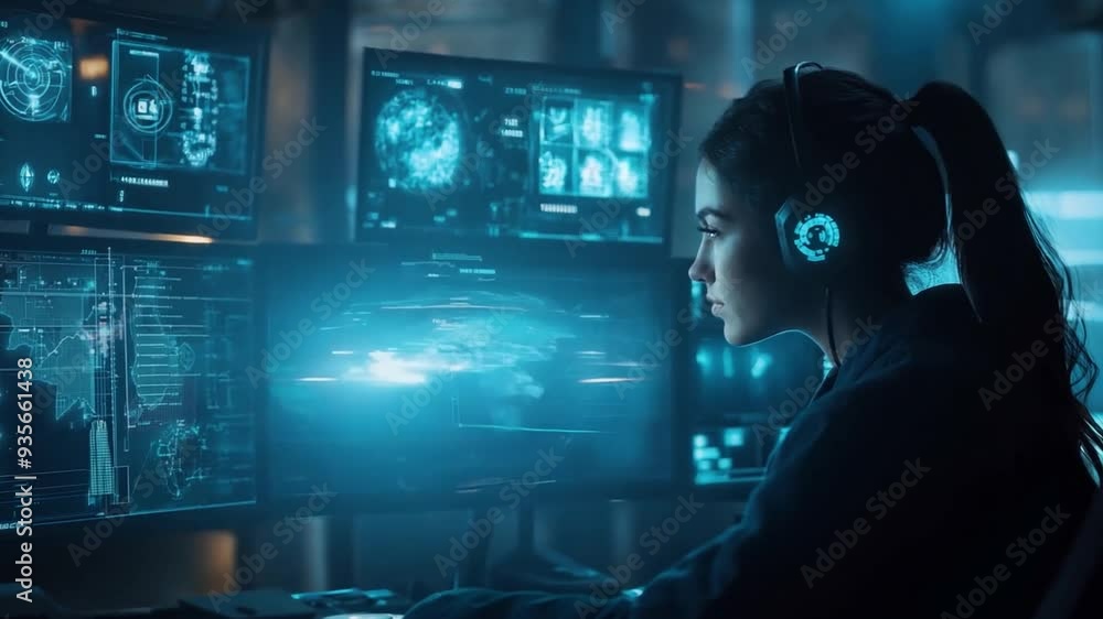 A focused individual analyzes data on multiple screens, using headphones in a dimly lit environment during the evening. A focused individual analyzes data on multiple screens, using headphones in a dimly lit environment during the evening.