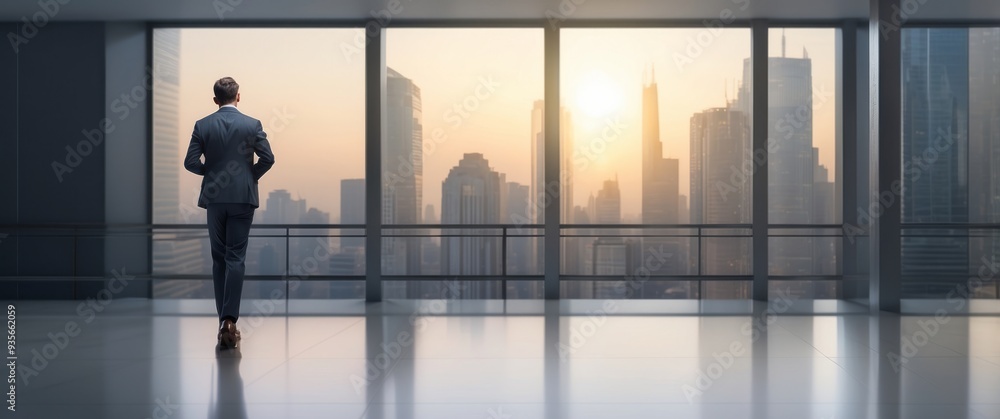 Businessman Gazing at the Urban Skyline from a Modern Office Businessman Gazing at the Urban Skyline from a Modern Office