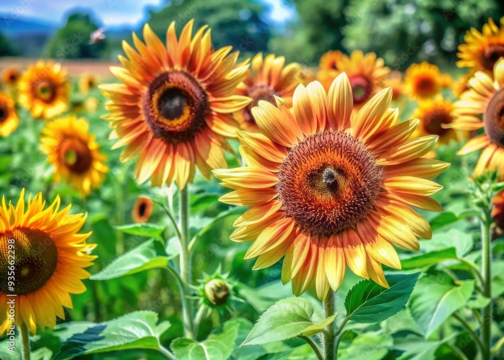 Obraz premium Vibrant yellow sunflowers stand tall in a lush green field, surrounded by a few busy bees flying from bloom to bloom, capturing summer's essence.