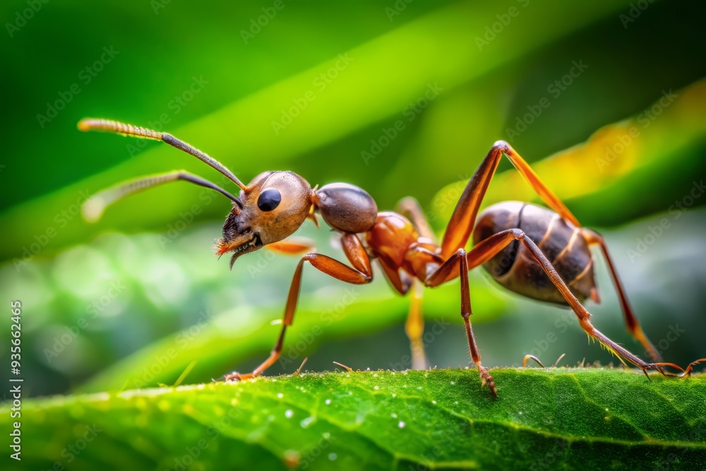 high angle shot of ant's thorax segments and legs in sharp focus against soft blurred natural greenery background evoking sense of busy industriousness high angle shot of ant's thorax segments and legs in sharp focus against soft blurred natural greenery background evoking sense of busy industriousness