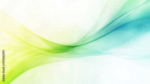 A soothing abstract image featuring flowing green and blue waves on a gradient white background.