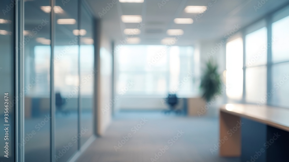 Modern office interior with blurred perspective and natural lighting during daytime work hours