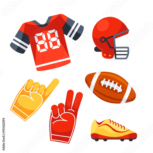 American football fan gear set with a helmet, jersey, foam fingers, and cleats, perfect for representing the sport and showing team spirit