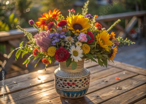 Vibrant summer flower bouquet arranged in a bohemian-inspired vase on a rustic outdoor terrace table, bathed in warm sunlight, exuding colorful charm.