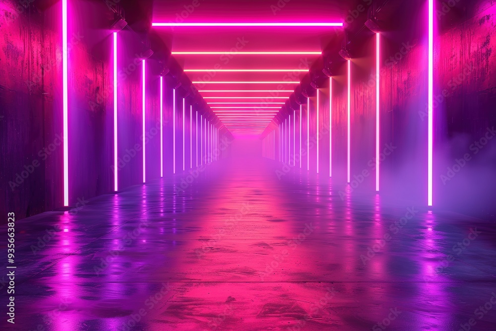 Fototapeta premium Ultraviolet abstract light. Light tunnel and laser lines. Violet and pink gradient. Modern background, neon light. Empty stage, spotlights, neon. Abstract light