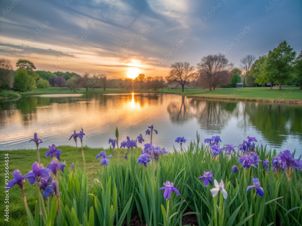 Serene spring landscape featuring blooming irises near a tranquil lake in a park at sunset, with a soft focus on lush green grass and vibrant purple flowers. Serene spring landscape featuring blooming irises near a tranquil lake in a park at sunset, with a soft focus on lush green grass and vibrant purple flowers.
