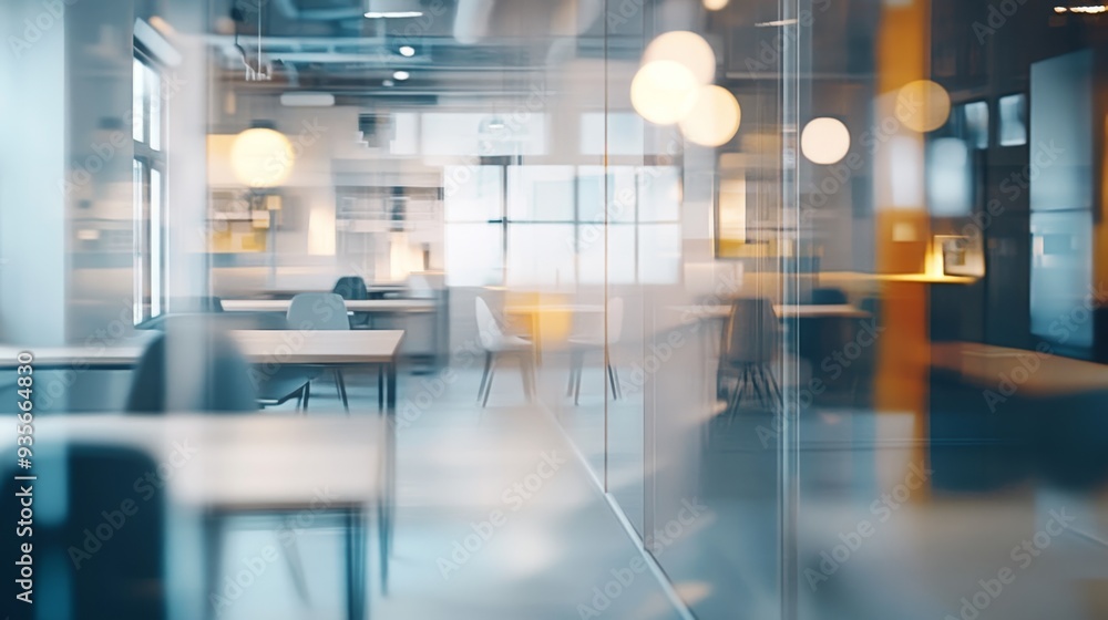 Fototapeta premium Modern office interior with blurred background and empty workstations during the daytime