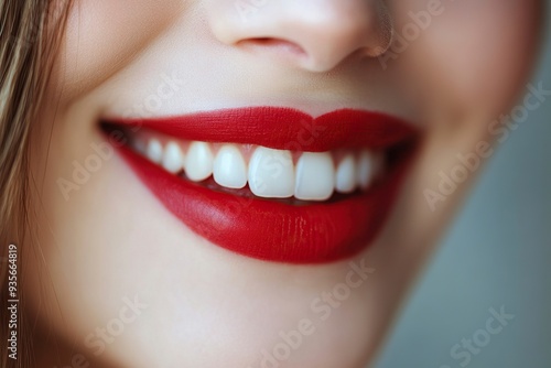 Human smiling mouth and nose. Closeup macro portrait of female part of face. Woman red lips with day beauty makeup. generative ai