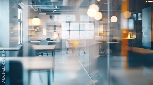 Modern office interior with blurred background and empty workstations during the daytime