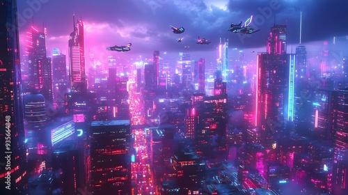 Vibrant Skyline with Neon-Lit Futuristic City and Flying Vehicles