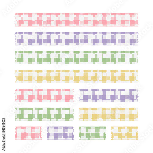 Colored gingham pattern washi tape. Pink, purple, green, yellow plaid paper sheets. Torn decorative masking tape for scrapbook. Ragged edges scotch tape. Stripe, grid, adhesive.