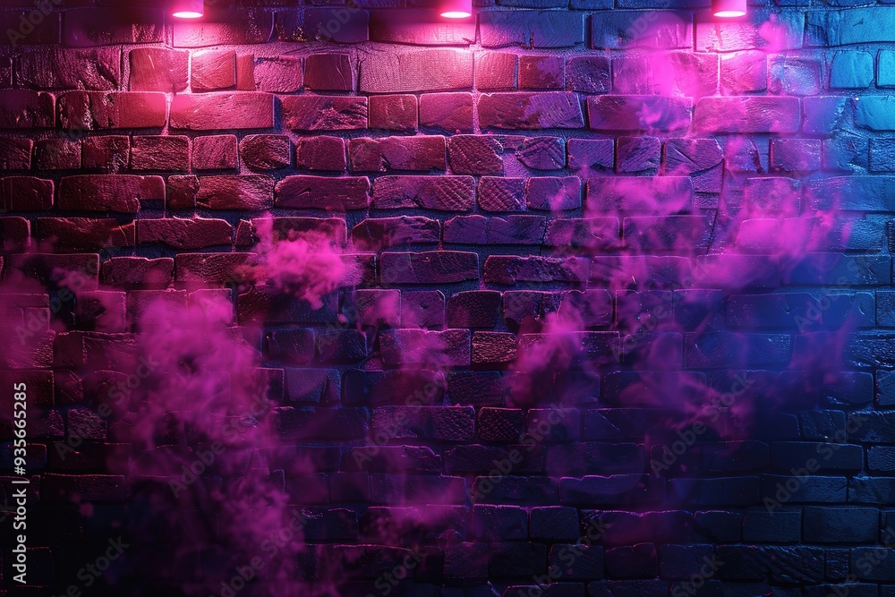 Old brick wall with neon lights. Dark empty old night street, smoke, smog. Textured brick walls Old brick wall with neon lights. Dark empty old night street, smoke, smog. Textured brick walls