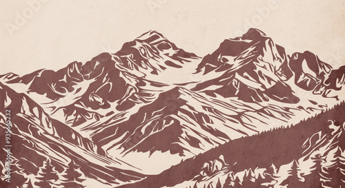 Mountain landscape. Vector graphics. Logo design for use in graphics. T-shirt print, tattoo design. Minimalist illustration for printing on wall decorations. Vintage grunge old .