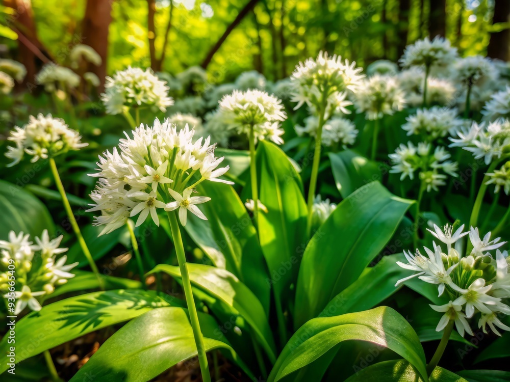 Vibrant white wild garlic flowers bloom amidst lush green foliage, basking in warm sunlight, surrounded by forest or garden foliage in early spring season. Vibrant white wild garlic flowers bloom amidst lush green foliage, basking in warm sunlight, surrounded by forest or garden foliage in early spring season.