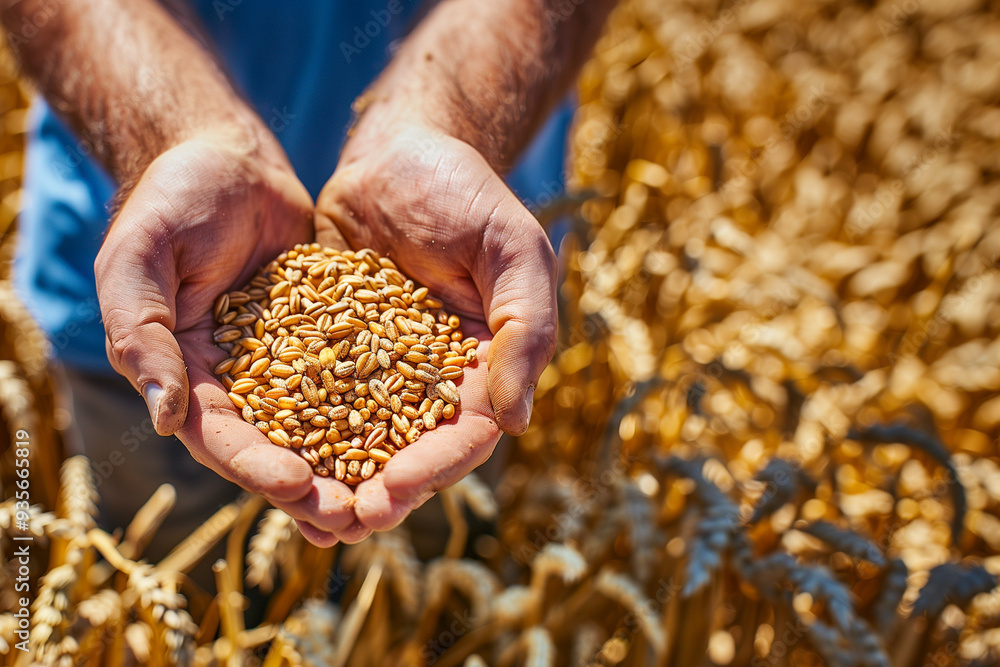 Close-up of hands holding wheat grains, highlighting the concept of harvest and food production in high-resolution photography Close-up of hands holding wheat grains, highlighting the concept of harvest and food production in high-resolution photography