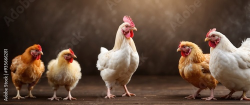 Four Chickens Standing on Wooden Surface photo