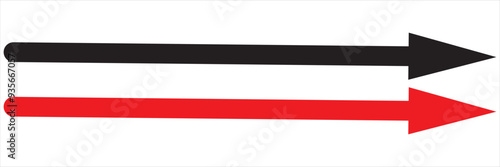 Long straight arrow icons. Black and red horizontal pointer, direction, transfer, position or location and width signs isolated on white background. Vector illustration. EPS 10/AI