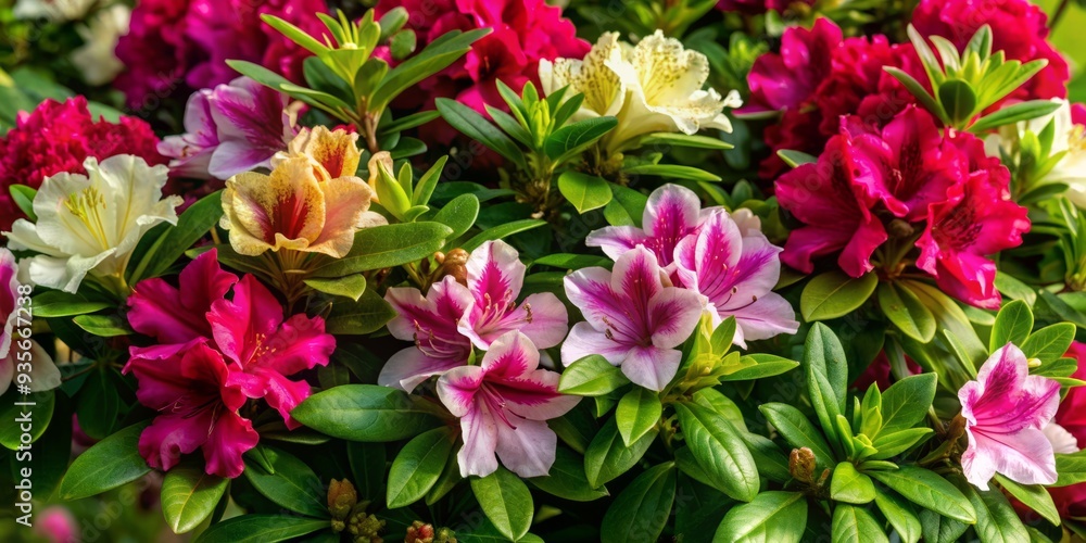 Vibrant pink, purple, and white azaleas in full bloom, delicate petals and lush green leaves, isolated on a transparent background, perfect for spring designs. Vibrant pink, purple, and white azaleas in full bloom, delicate petals and lush green leaves, isolated on a transparent background, perfect for spring designs.