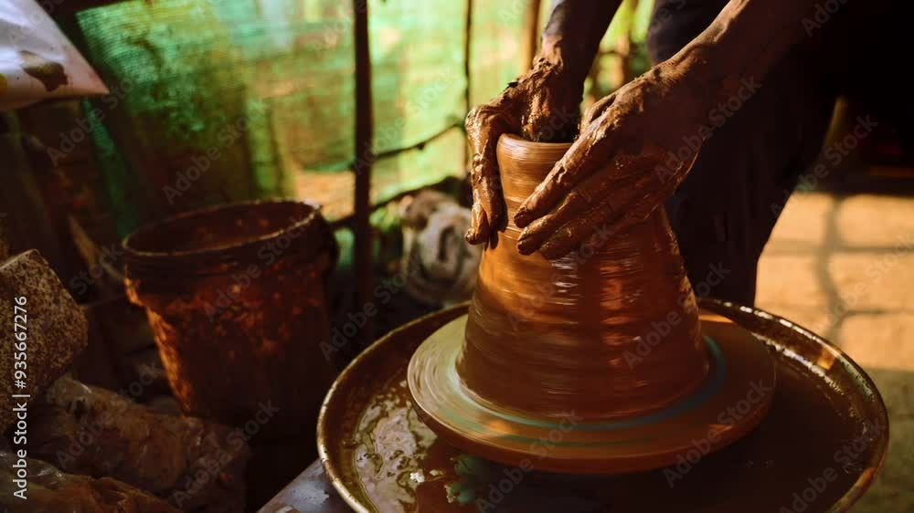 Potter making pot on electric potter wheel by using their hands during morning time. Morning sun rays on potter hands. Potter making pot on electric potter wheel by using their hands during morning time. Morning sun rays on potter hands.