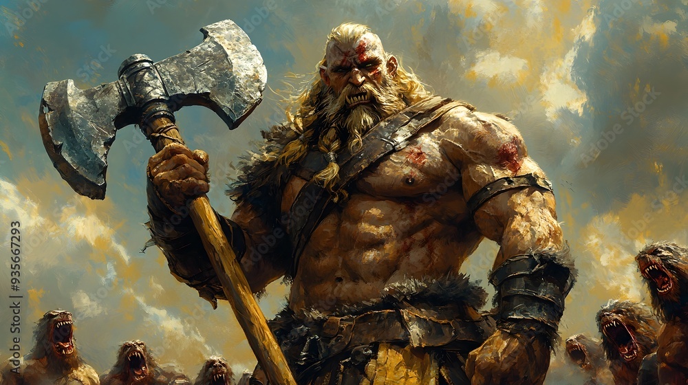 Obraz premium Towering Barbarian Warlord Wielding Massive Double-Bladed Axe Against Snarling Bestial Raiders