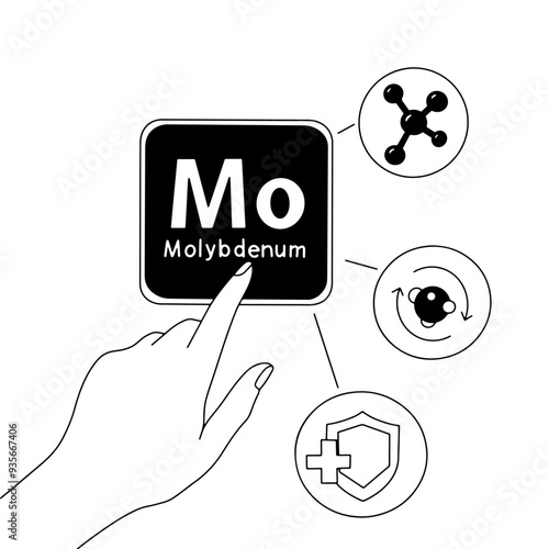 outline drawing, hand pointing at chemical element, metal, molybdenum. Vector illustration