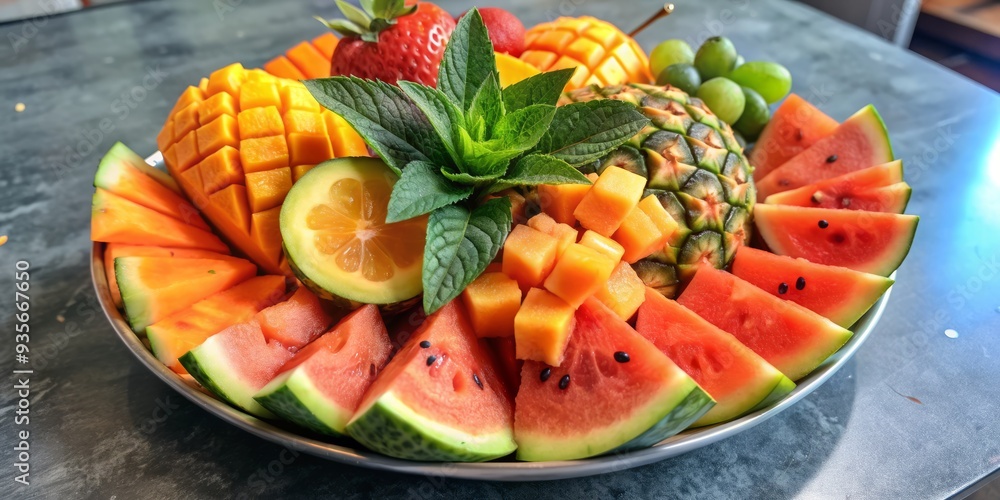 Vibrant arrangement of refreshing tropical fruits, including succulent watermelon, sweet pineapple, and luscious mango, garnished with a sprig of fresh mint leaves, on a sleek surface. Vibrant arrangement of refreshing tropical fruits, including succulent watermelon, sweet pineapple, and luscious mango, garnished with a sprig of fresh mint leaves, on a sleek surface.