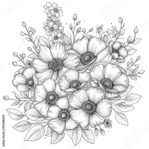 Hand-drawn bouquet of various flowers with detailed petals and leaves on a white background. Black and white floral illustration. Botanical line art for coloring book, design, and print. Generative AI