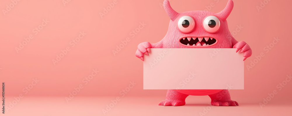 A playful pink monster with big eyes holding a blank sign against a soft pink background, perfect for creative projects. A playful pink monster with big eyes holding a blank sign against a soft pink background, perfect for creative projects.