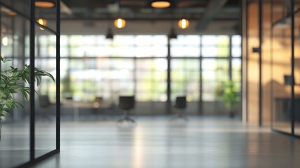 Modern office interior with glass partitions and greenery during daylight hours