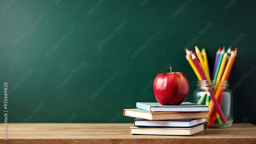 Pencil tray and an apple on notebooks on school teacher's desk. Pencil tray and an apple on notebooks on school teacher's desk.
