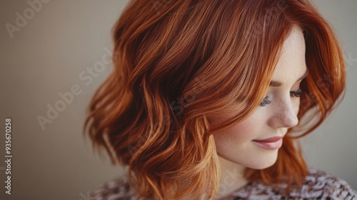 A young woman gazes downward, highlighting her wavy, reddish hair and natural beauty under soft lighting.