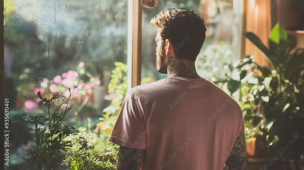 A calm man in a pink t-shirt gazes through a window at a vibrant garden, basking in soft sunlight. A calm man in a pink t-shirt gazes through a window at a vibrant garden, basking in soft sunlight.