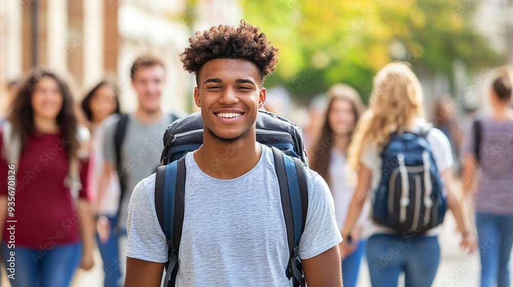 Smiling Teenagers Walking Urban Streets Diverse Group Together Backpacks Outdoor Summer School Smiling Teenagers Walking Urban Streets Diverse Group Together Backpacks Outdoor Summer School