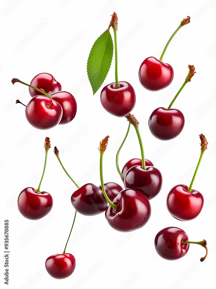 Flying red cherries isolated on white background Flying red cherries isolated on white background
