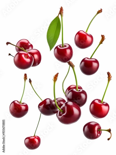 Flying red cherries isolated on white background