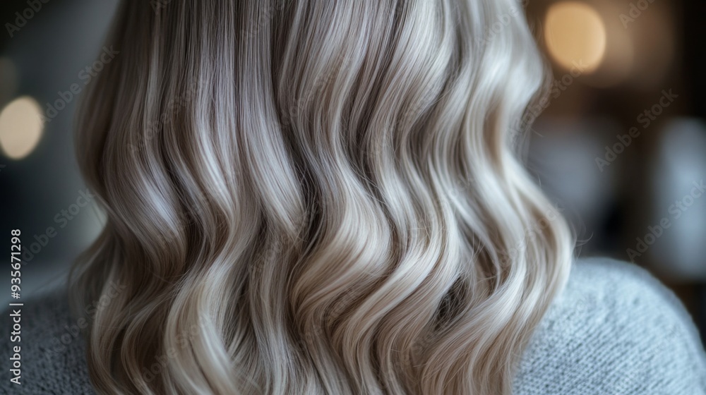 Long, wavy hair with blonde highlights is displayed from the back, illuminated by soft evening light indoors. Long, wavy hair with blonde highlights is displayed from the back, illuminated by soft evening light indoors.