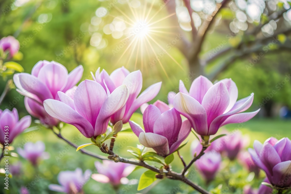 Vibrant pink magnolia flowers bloom in a serene summer garden, set against a stunning blurred sunny background with warm glowing light on a shiny surface. Vibrant pink magnolia flowers bloom in a serene summer garden, set against a stunning blurred sunny background with warm glowing light on a shiny surface.